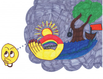 A child's illustration featuring a rainbow, sun and tire swing.