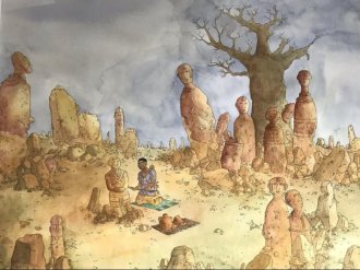 A painting of a man kneeling in a desert landscape with stone sculptures.