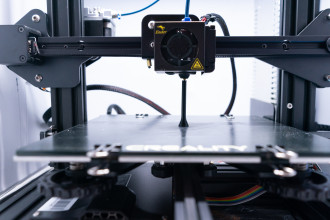 An interior look at a 3D printer.