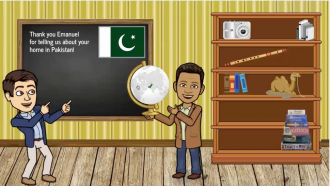A cartoon classroom with a character pointing at another character holding a globe.