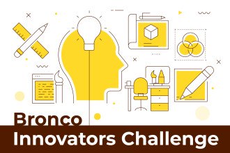 Graphics in brown and gold representing design thinking, including pencils and rulers and silhouette of a head with a lightbulb inside. The text reads, "Bronco Innovators Challenge."