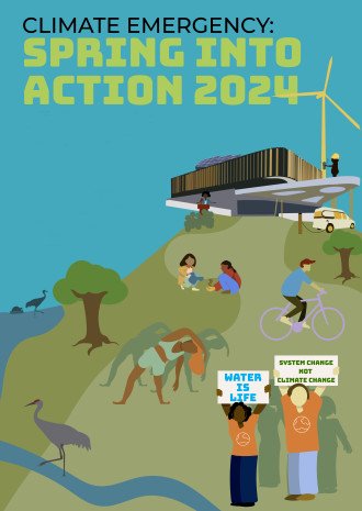 An illustration of people practicing sustainable activities such as gardening, riding a bicycle and doing yoga as well as two individuals holding signs that read, "Water is Life" and "System Change not Climate Change."