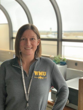 Ashley Pratt in the Flight Operations Building at Western Michigan University's College of Aviation.