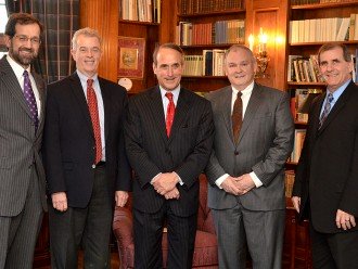 Photo of WMU's provost with the presidents of Lake Michigan College, Lansing Community College, Glen Oaks Community College, and Kellogg Community College.