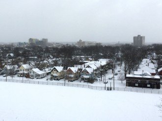 A snowy view of Kalamazoo's Vine neighbornood as seen from the top of Prospect Hill.