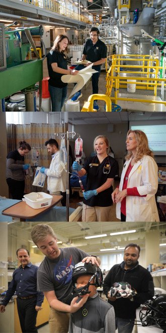 Three photos featuring two students working in the paper pilot plant, a nursing student working with an IV bag and a student testing a child's bicycle helmet.