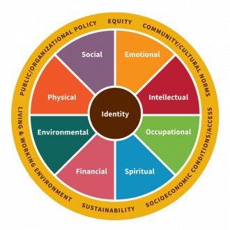 Social, emotional, intellectual, occupations, spiritual, financial, environmental, physical well-being.