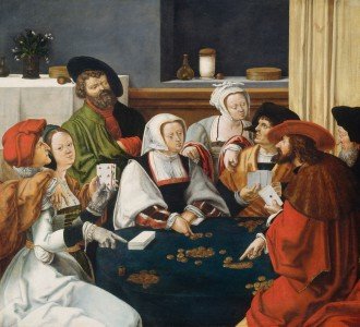A sixteenth-century painting of a group of well-dressed men and women, seated around a table, playing cards and gambling with gold coins.