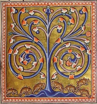 A medieval manuscript image of hedgehogs under a tree