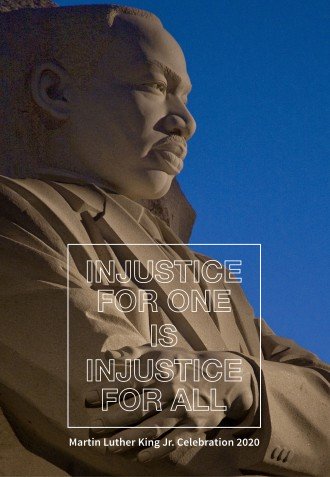 Photo of a statue of Martin Luther King Jr. that reads Injustice for One is Injustice for All 