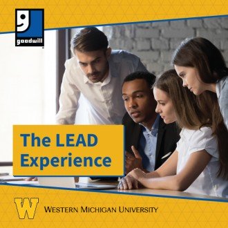 Photo of four people looking at a computer with the words Goodwill, The Lead Experience and Western Michigan University.