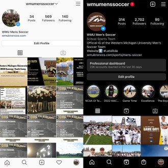 Screenshots of the WMU men's soccer team's Instagram before (left) and after (right) Auden Ceithaml managed their account.
