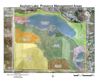 Map of Asylum lake with color overlays showing different sections of the area