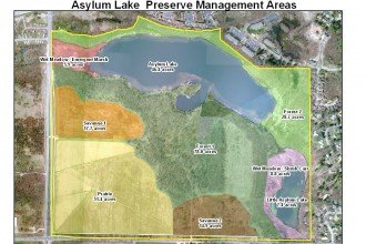Map of Asylum Lake showing different locations with color overlays