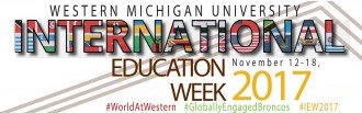 Top portion of the International Education Week poster that shows the word "International" spelled out using portions of country flags and includes #worldatwestern, #globallyengagedbroncos and #iew2017.