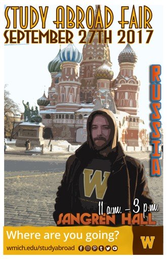 Graphic of WMU's 2017 Study Abroad Fair poster showing an image of a WMU student standing in front of a Russian building.