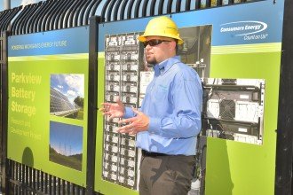 Consumers Energy employee giving a presentation during the battery facility's opening.