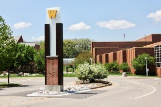 Roads and signage at one of WMU's main entryways.