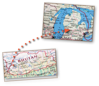 Map of Bhutan and Michigan connected by dotted arrow