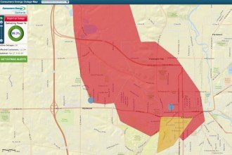 Screen capture of the Consumers Energy Power Outage map, showing affected Kalamazoo area. Click for full image.