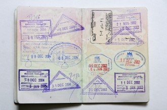 Photo of visa stamps on passport.
