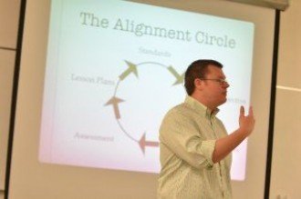 a photo of a teacher giving a talk at the front of a classroom. There is a slide being projected behind him with a circle and several arrows tracing the outer edges of the circle. The image is labeled at the top as the alignment circle.