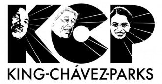This image is the logo for the King-Chávez-Parks Future Faculty Fellowship Program. It is three Black Letters on a white background K C and P, the K is for Dr. Martin Luther King Jr., The C is for César Chávez, and the R for Rosa Parks. Each letter has the image of the face of each person on it with rays of light emanating out from each face shining through the backdrop of each letter. The words King-Chávez-Parks are written beneath the abbreviation. 