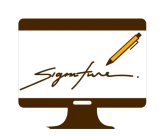 This decorative image is an illustration of a computer screen showing a pen and the word signature underneath it. The image is mostly single color brown colored infographic style, but the pen is drawn in gold.