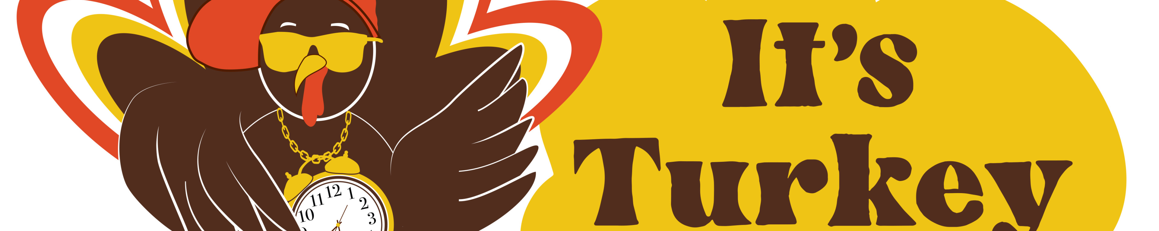 Turkey Trot logo, It's Turkey Time with turkey dressed as a hip hop rapper, with shades a sideways hat, clock on a big chain standing on a boom box
