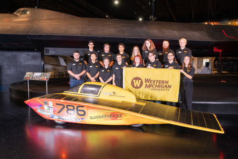 Western’s Solar Car Racing Team unveils its new solar car, the Sunseeker 23, at the Air Zoo in Portage. It has been in development for a year and is designed to be more aerodynamic than the side-view mirror of a car.