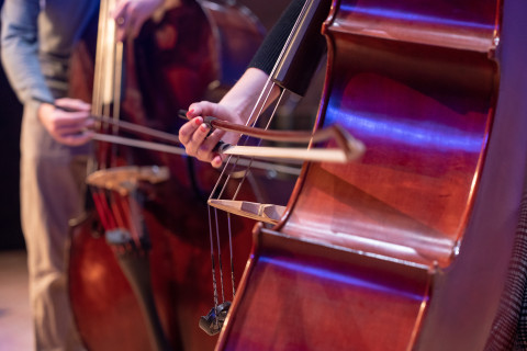 artistic photo of two at the cello, camera focus on their bows on the strings.