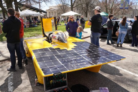 At an event downtown Kalamazoo, students with the Sunseeker Solar Car