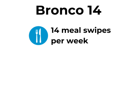 Bronco 14 includes 14 meal swipes per week into dining locations for meals. 