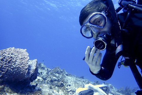 Rj Bolzman underwater in his scuba gear.