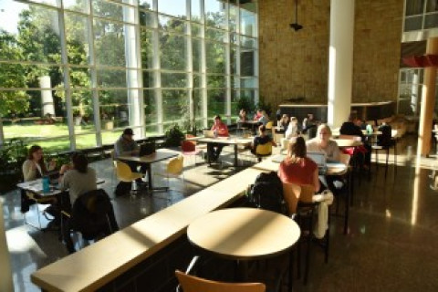 students in the CHHS building atrium