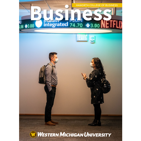 Safa and Austin are featured on the cover of the 2021 Business magazine, under the Haworth College of Business ticker.