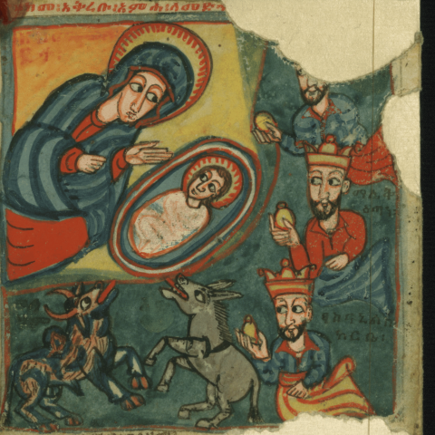 A late seventeenth century manuscript illustration of the Adoration of the Magi in tones of blue, teal, gold, and red. Mary leans over an infant Jesus in the cradle wihle the Magi offer gifts.