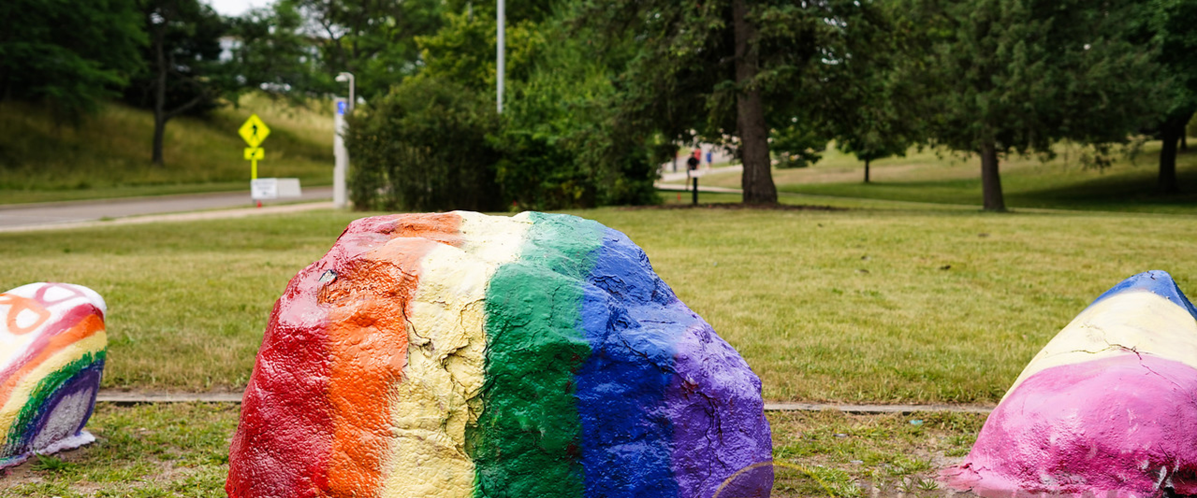 Rocks by Goldsworth Valley Pond painted various pride flag colors.