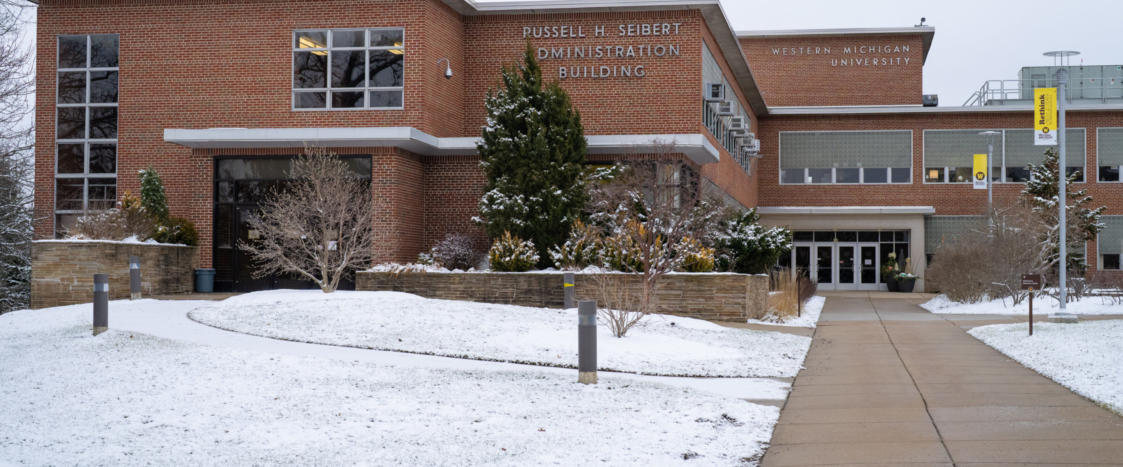 The Seibert Administration Building is seen during a snowy day. Built in 1952, the Russell M. Seibert Administration Building is used for Human Resources and other administrative offices.