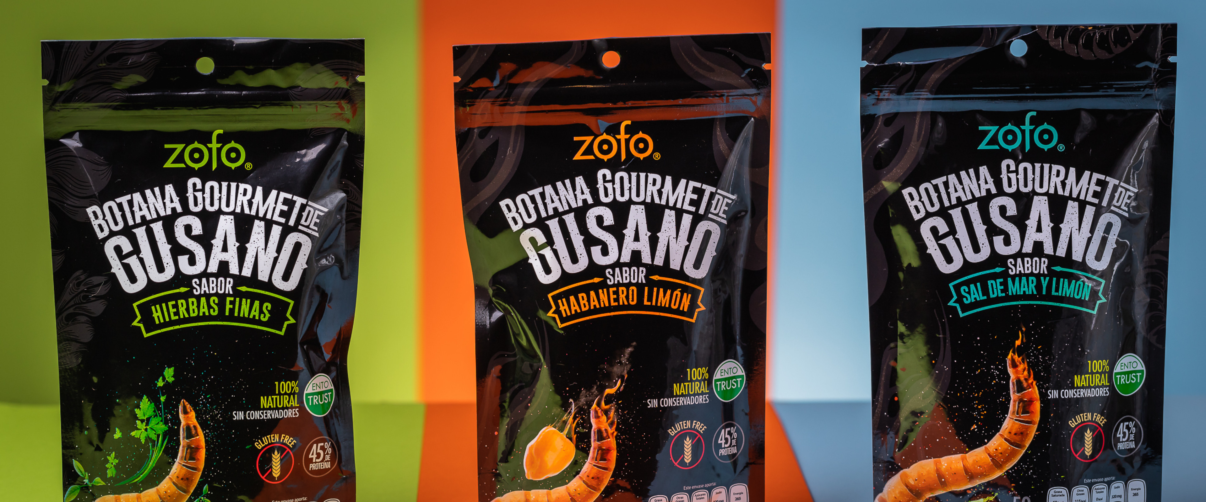 ZOFO, alternate protein snacks are displayed in three different flavors behind green, orange and blue backgrounds. 