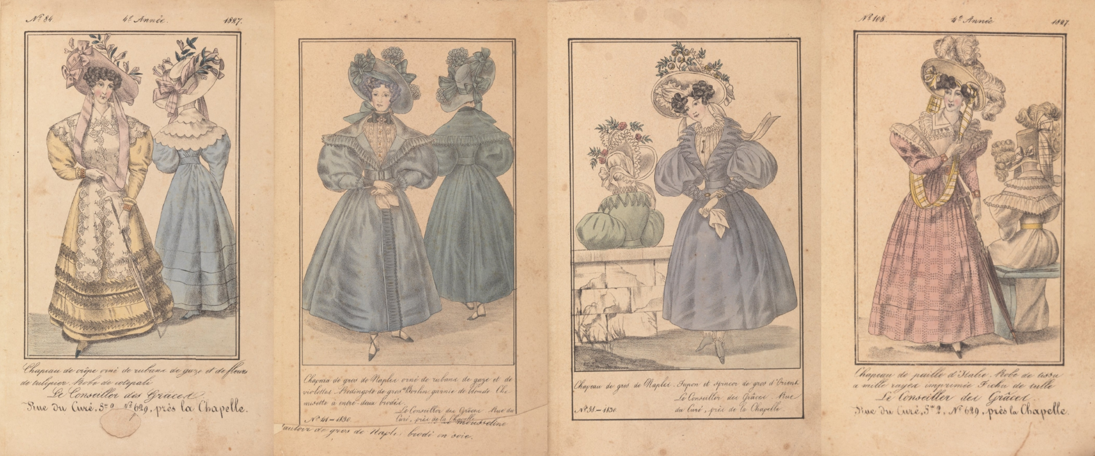 Digital images for four hand colored lithographs from a 19th century French journal.