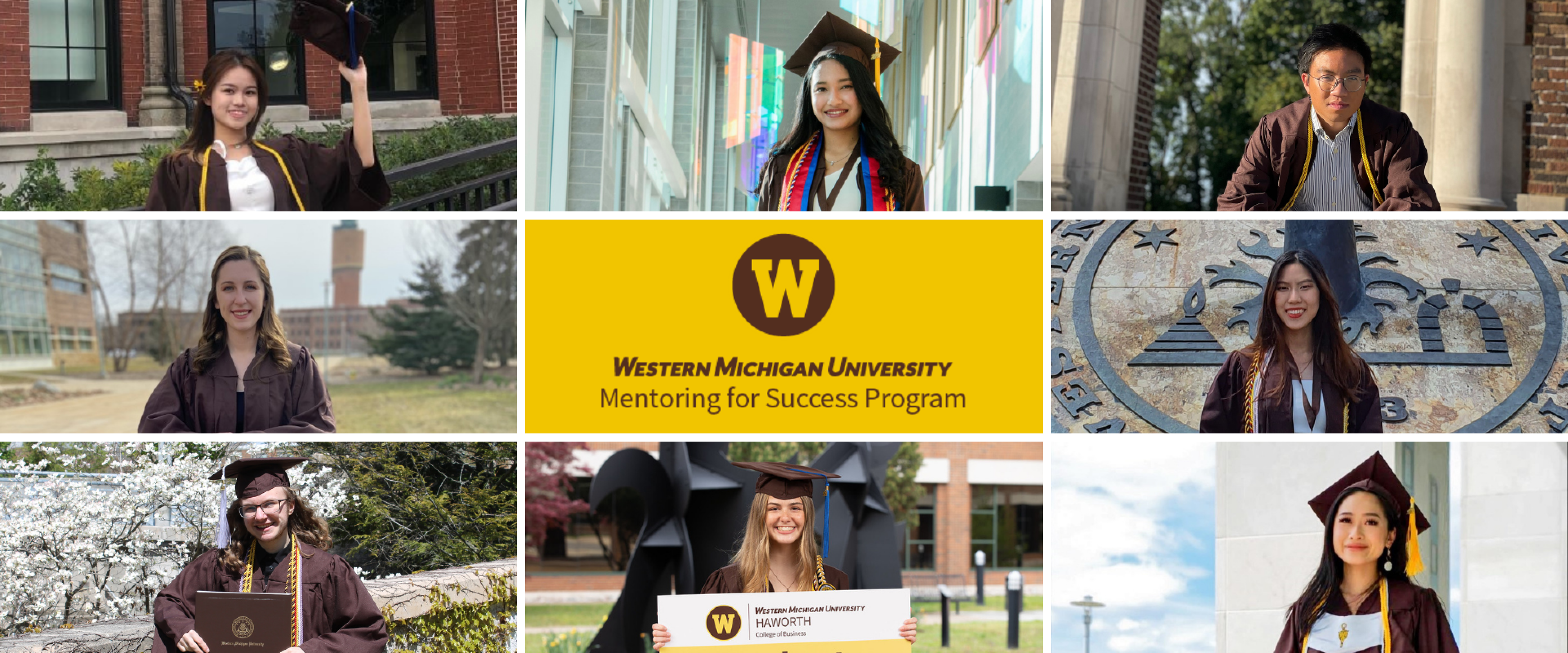 A collage of eight WMU graduates in caps and gowns.