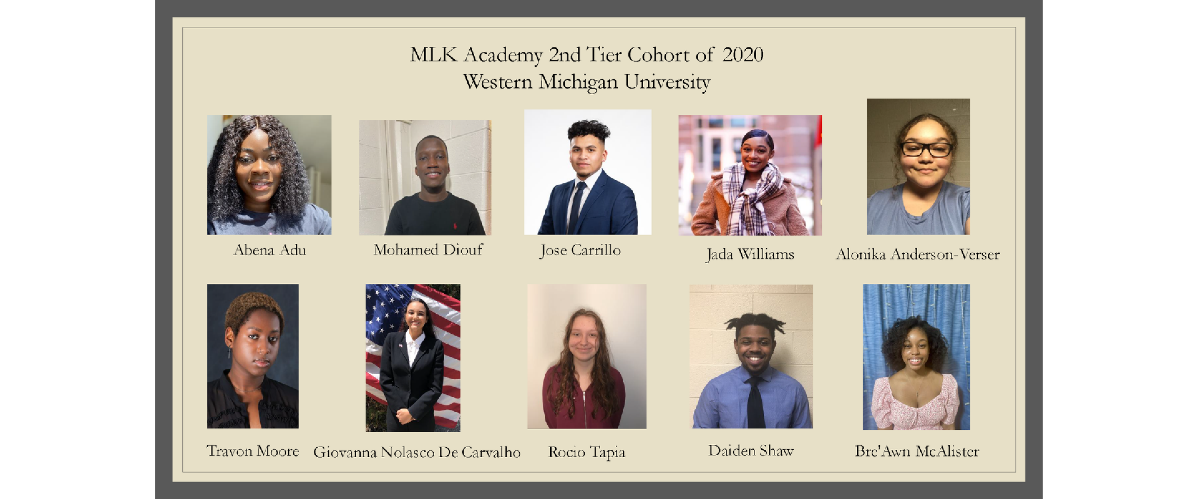 A collage of 10 students who are second tier MLK scholars in the 2020 cohort.