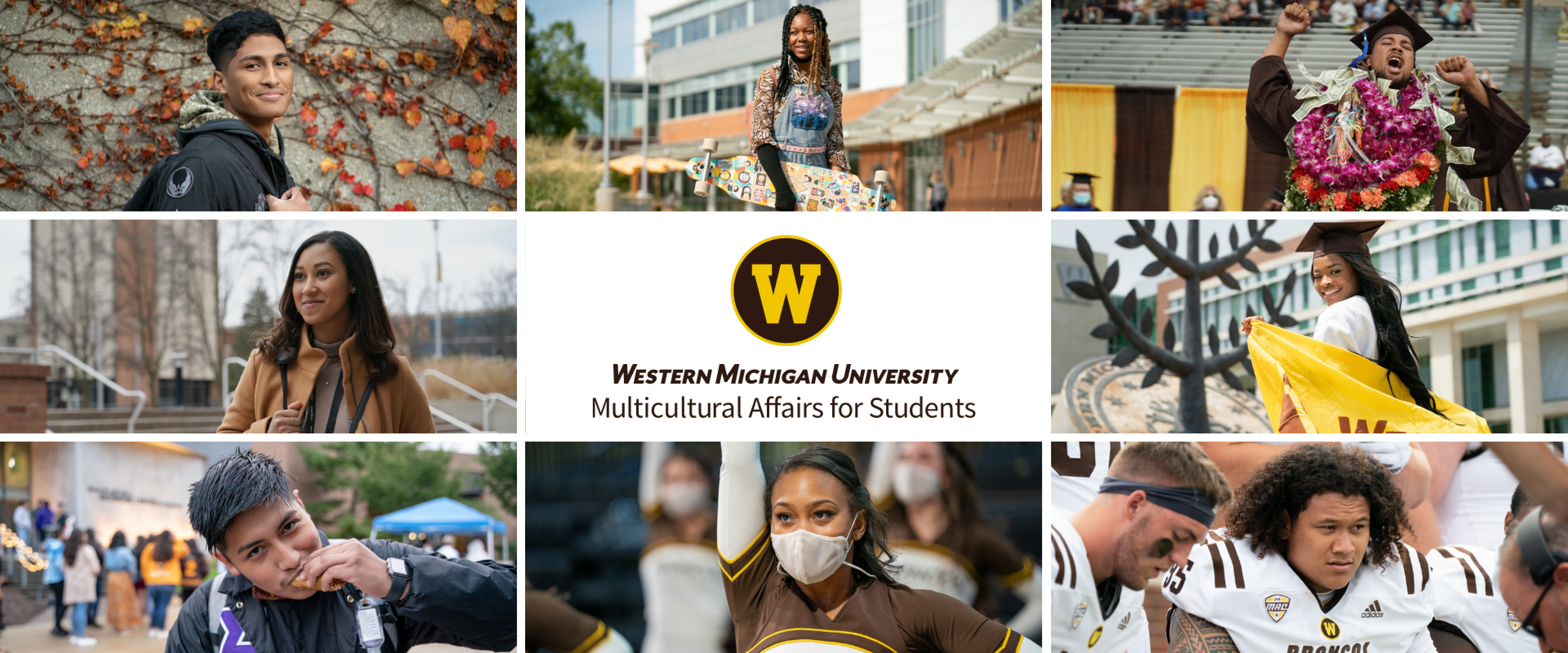 A collage of eight photos of students. The WMU logo is in the center.
