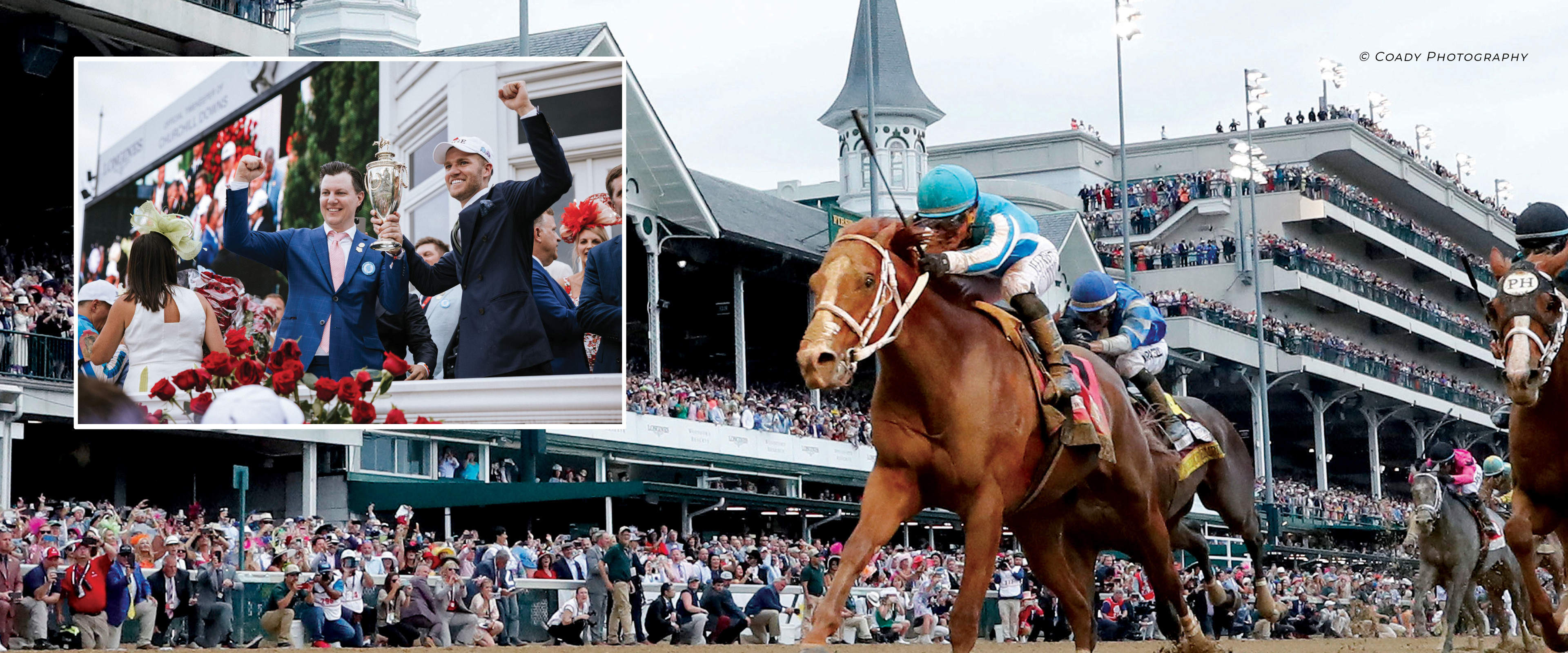 A photo of race horse Mage running in the Kentucky Derby. Photo is courtesy Coady Photography. There is also an inset photo of Brian Doxtator and Chase Chamberlin hoisting a trophy.