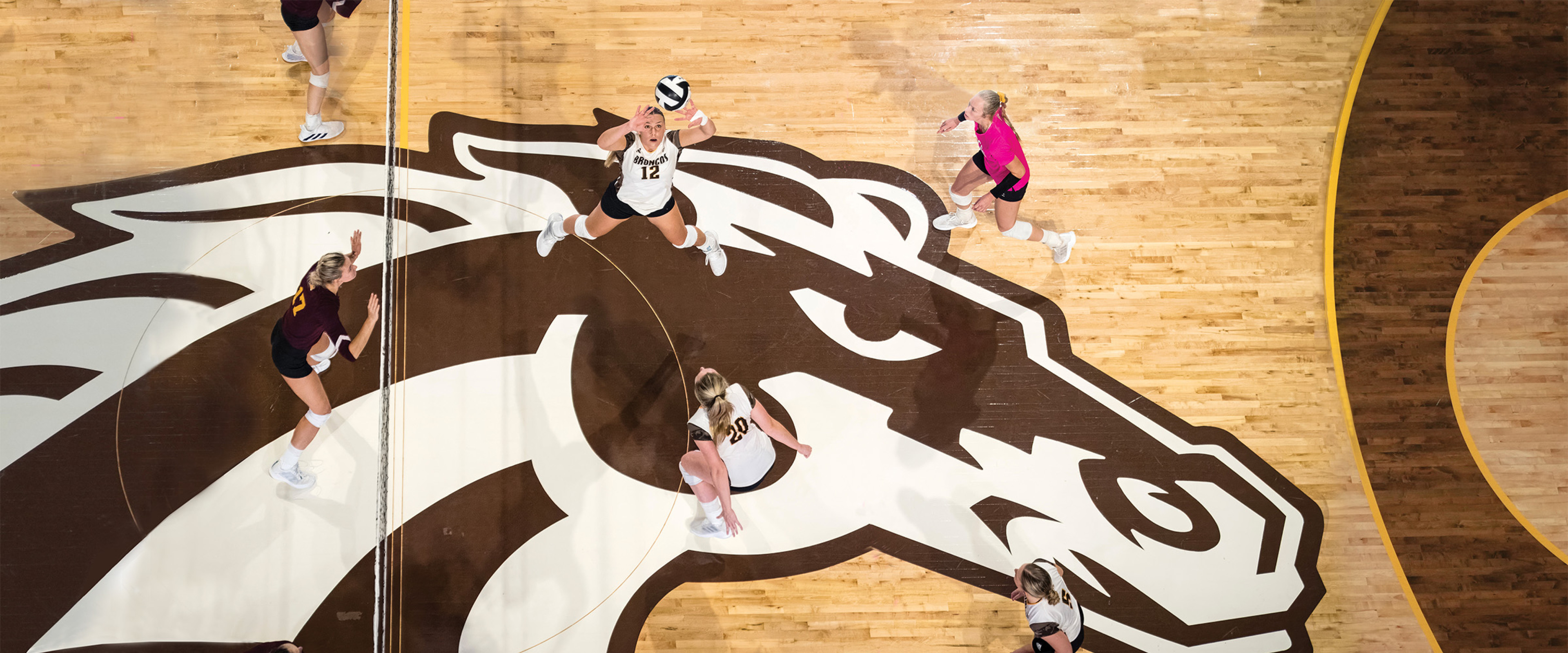 A birds-eye view of volleyball players on a court.