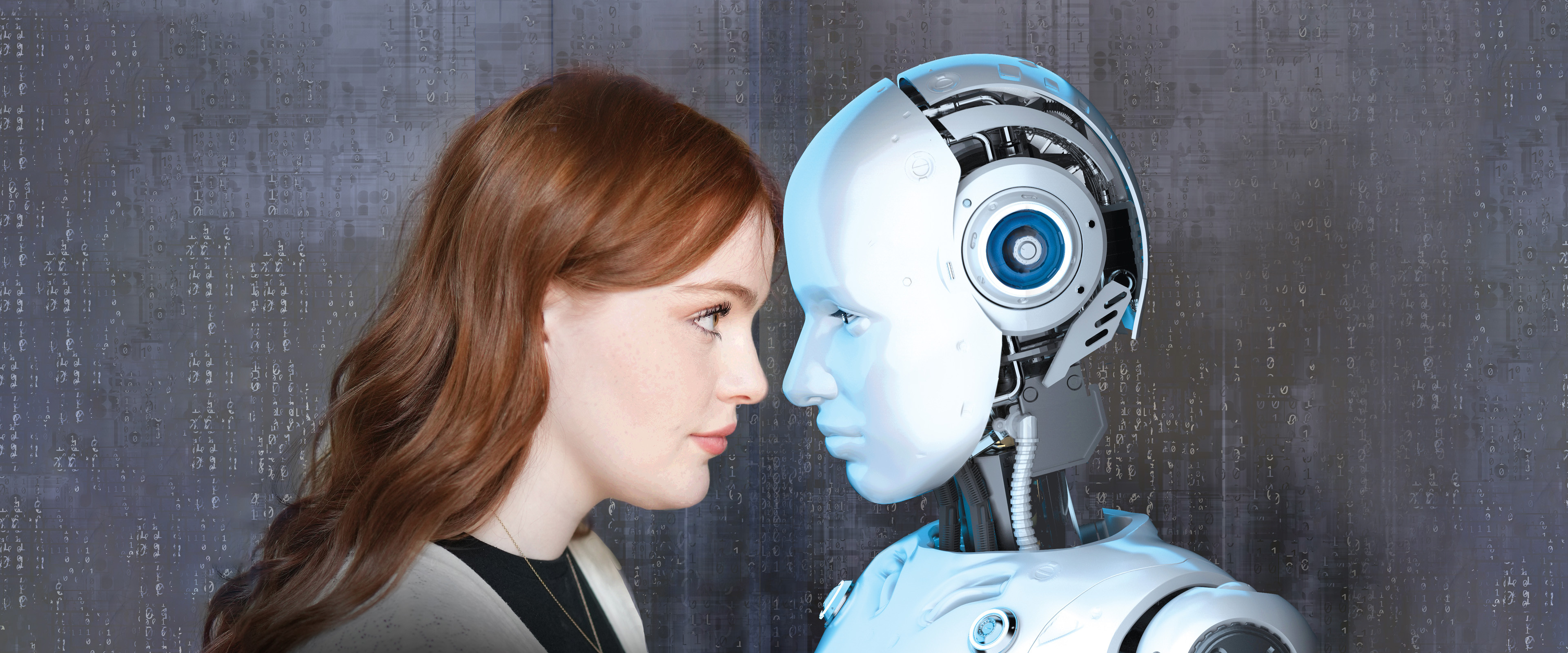A profile shot of a human face and a robot face nose to nose.