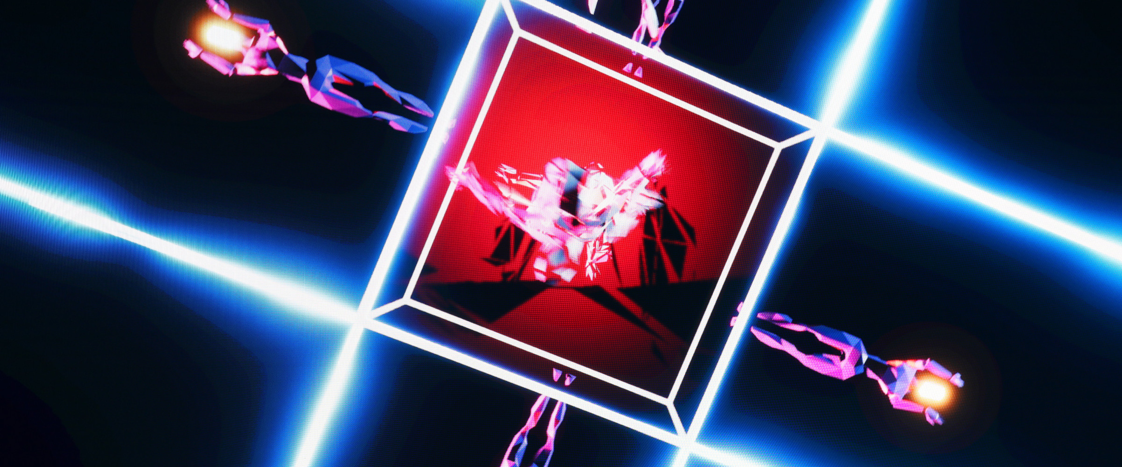 Still from Recode (screendance by Kelsey Paschich and Kevin Abbott) shown on LED wall. Five geometrically abstracted 3D avatars are configured on a glowing cube.