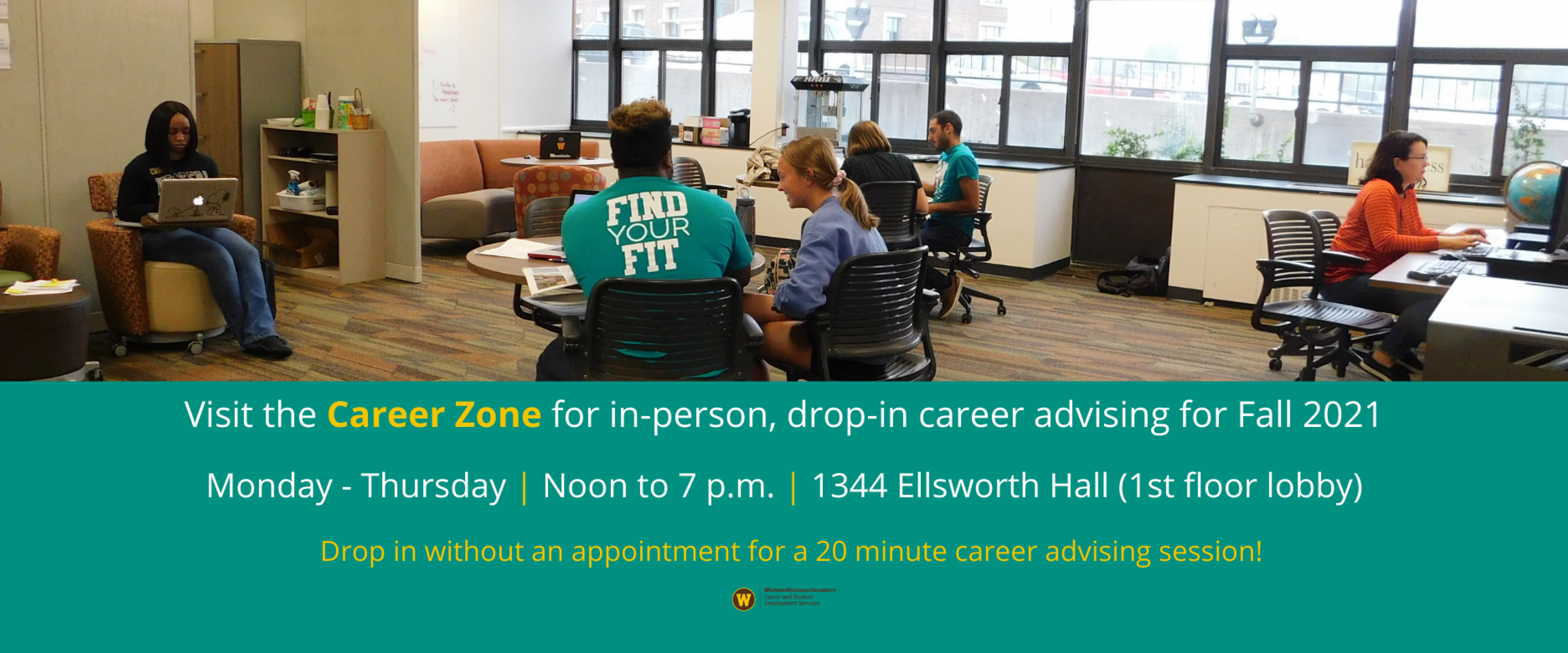 Visit the Career Zone for in-person, drop-in career advising for Fall 2021. Monday through Thursday, noon to 7 p.m., 1344 Ellsworth Hall (1st floor lobby). Drop in without an appointment for a 20 minute career advising session!