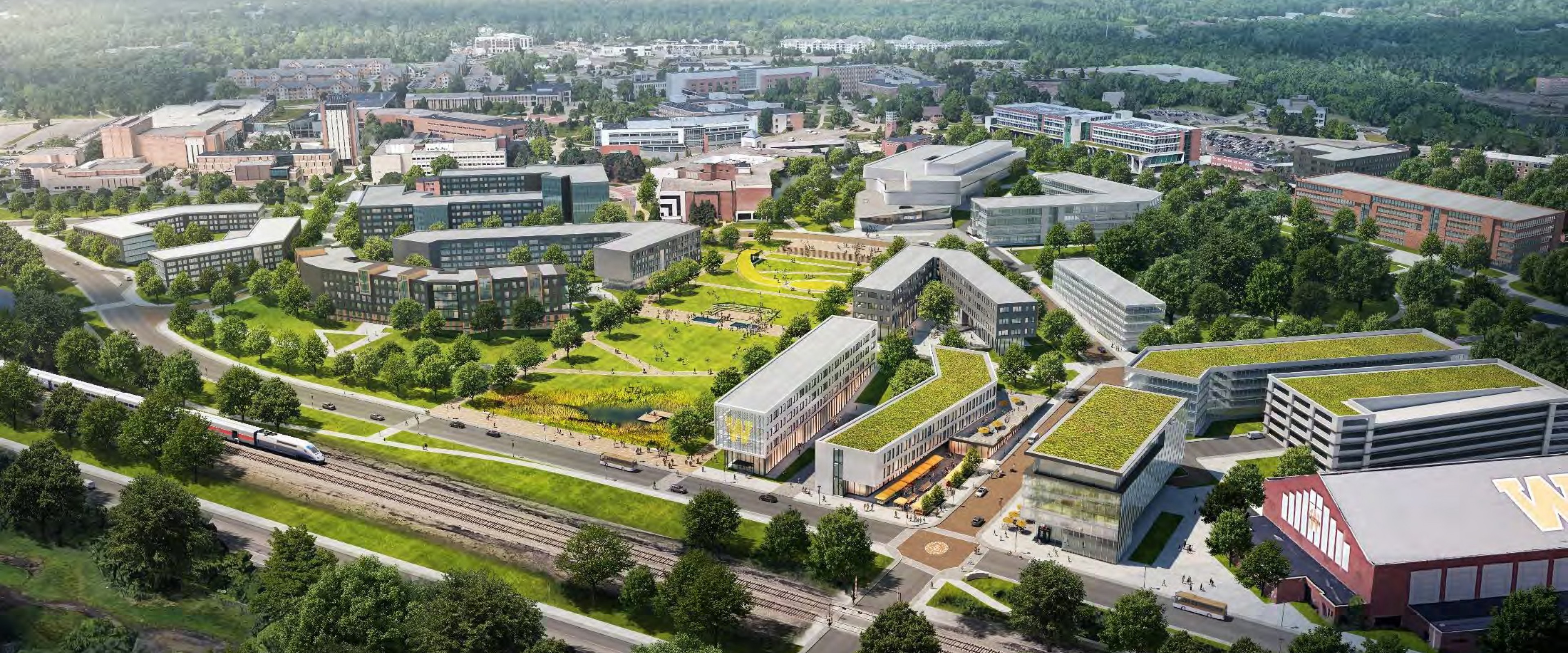 An aerial rendering of the new buildings and green spaces that will comprise the Hilltop Village